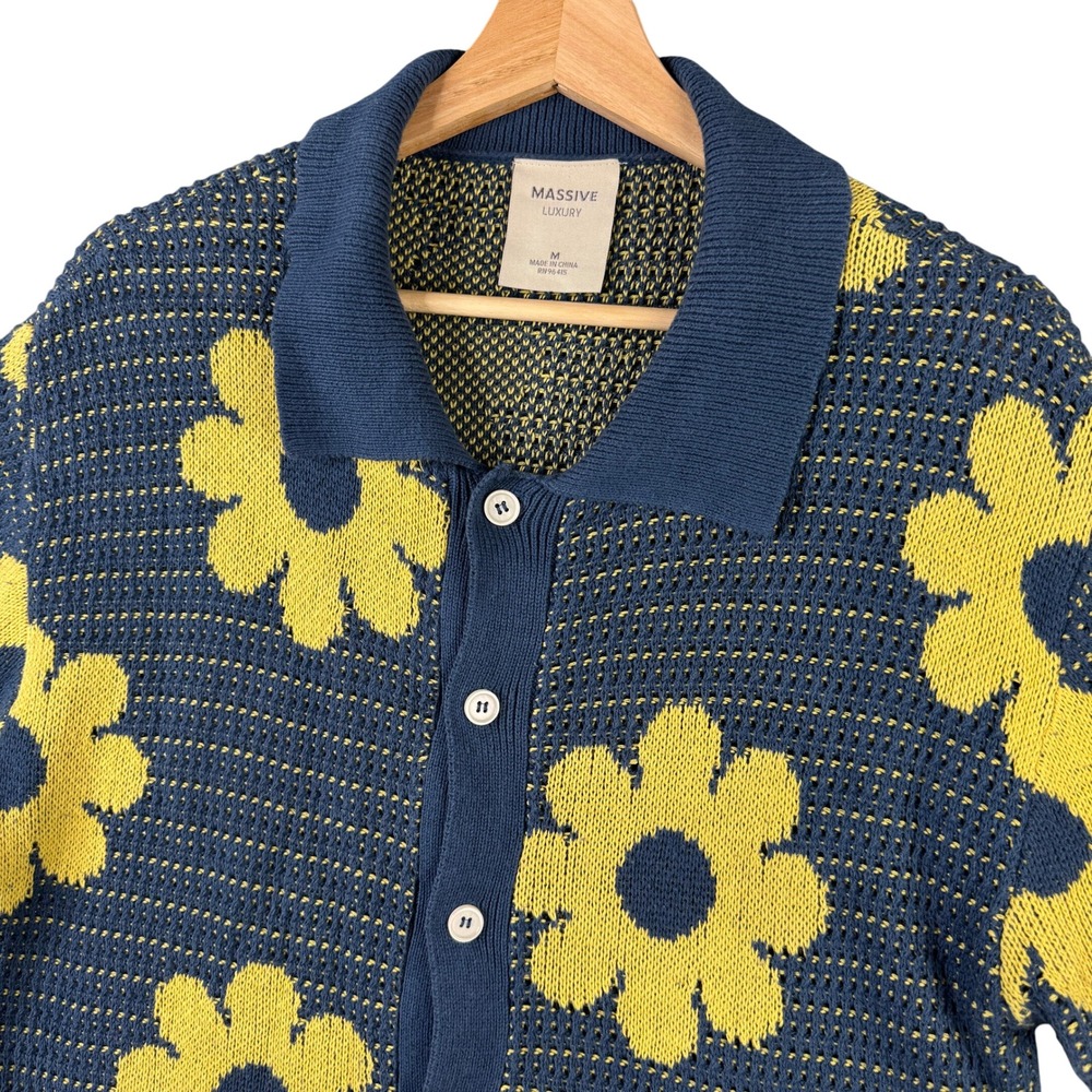 Massive Luxury Mens Blue Yellow Floral Daisy Cotton Knit Short Sleeve Polo M